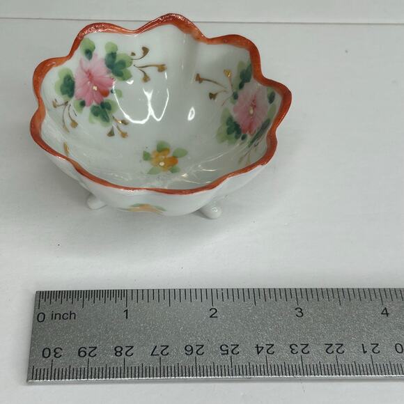 Vintage Porcelain Scalloped Edge Salt Cellar Trinket Dish Bowl White Floral Pink - Picture 6 of 7
